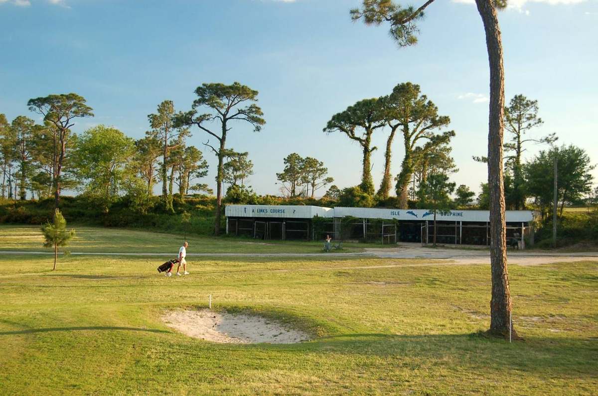 A golfer walking down a sunny fairway with a golf bag