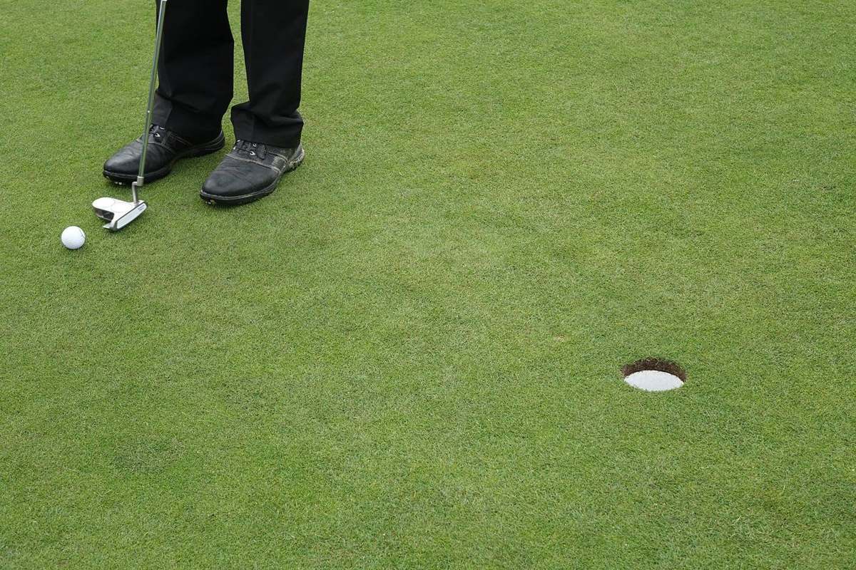A putter beside a golf ball on a green